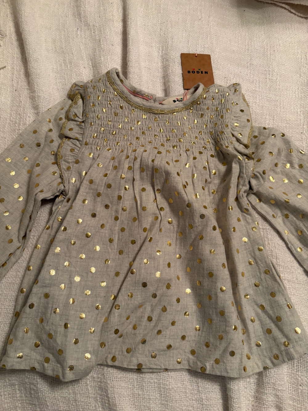 NWT Mini Boden Girl’s Metallic Top with Gold Polka Dots size 4-5